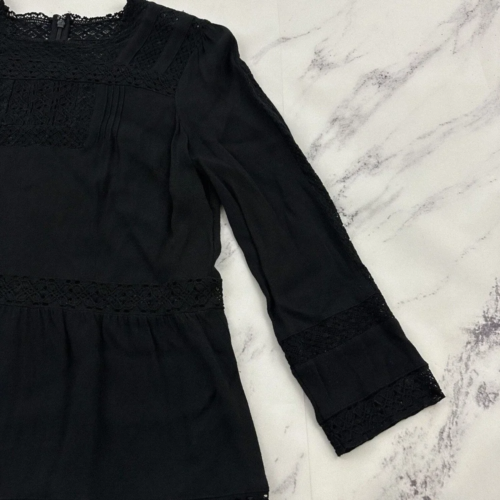 J.Crew Point Sur Lacey Top Size 8 Black Crochet Trim Peasant Bell Sleeve Lace